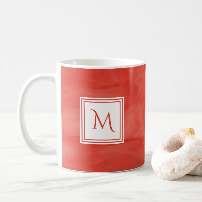 Enkel röd Orange subtle Marble Modern Monogram Kaffemugg (Med munk)