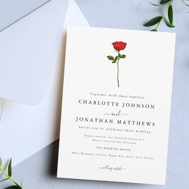 Enkel Röd Ros Elegant Skrift Inbjudningar (Simple red rose elegant modern wedding invitation Watercolor floral stylish script)