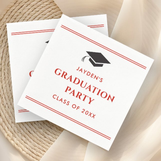 Enkel Röd Sportig Examenfest  Pappersservett (Red and White Graduation Party Napkins.)