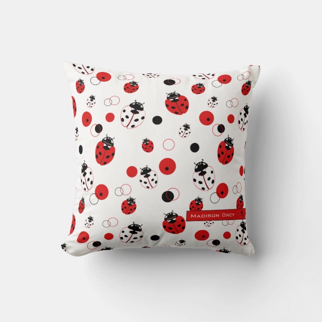 Enkel röd, svart och vit Ladybug Mönster Kudde (Framsida)