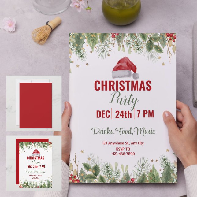 Enkel röd vattenfärg, Blommigt jul, Party Inbjudningar (Simple Red Watercolor Floral Christmas Party Invitation)