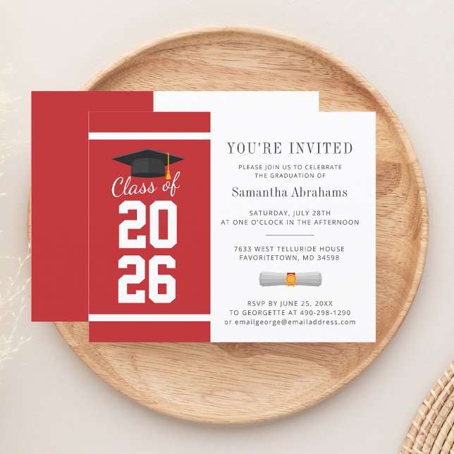 Enkel röd vit 2026 examensinbjudan (Graduation 2025 Red White Typography Party Invitation)