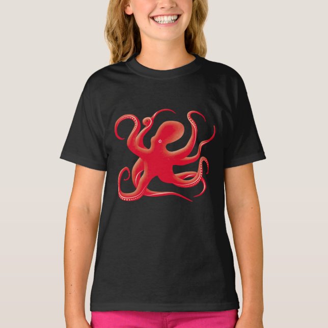 Enkel rödvektor Art Octopus Silhouette T Shirt (Framsida)