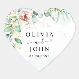 Enkel Rosa av Elegant Geometric Blommigt Greenery Hjärtformat Klistermärke