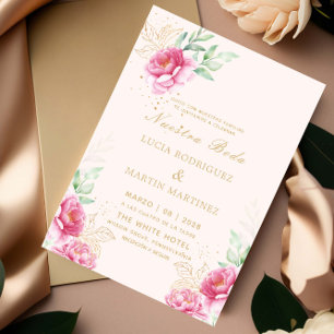 Enkel Rosa Blommigt Guld Nuestra Boda Inbjudningar