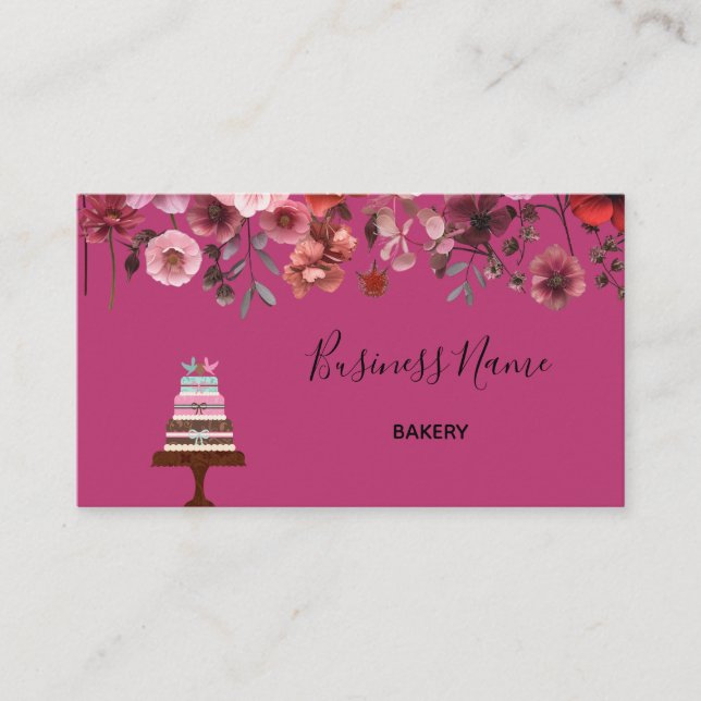 Enkel Rosa Blommigt Kake Bakery Visitkort (Framsida)