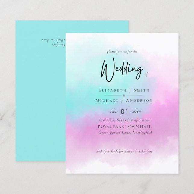 Enkel Rosa Blue Fade Blue Modern Budget Bröllop (Fram/baksida)