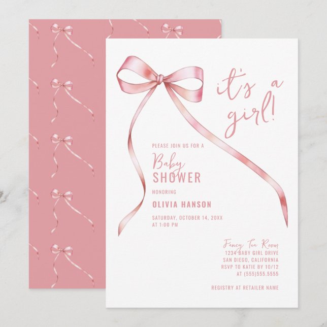 Enkel Rosa Bow Girl Baby Shower Inbjudningar (Fram/baksida)