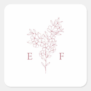 Enkel Rosa Cherry Blommar Utandning Monogram Bröll Fyrkantigt Klistermärke