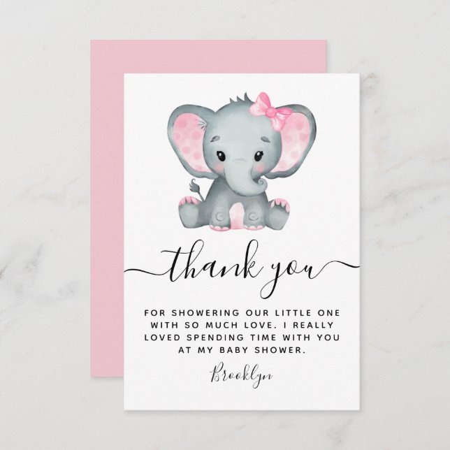 Enkel Rosa Elephant Baby Shower Tack Kort (Fram/baksida)