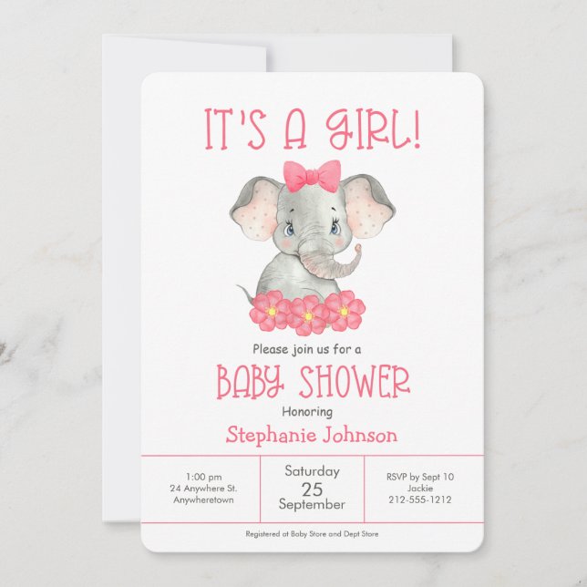 Enkel Rosa Elephant Girl Watercolor Baby Shower Inbjudningar (Framsida)