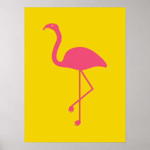 Enkel rosa flamingofågel siluett på gul bakgrund poster