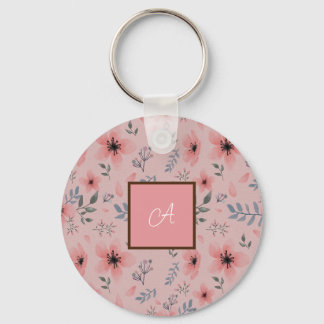 Enkel Rosa Flower Mönster Boho Vintage Monogram Nyckelring