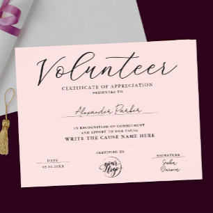 Enkel Rosa Frivilligcertifikat Erkännande Poster