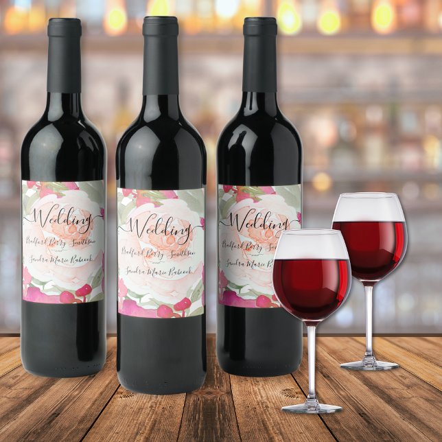 Enkel  Rosa Fushia Blommigt Bröllop Vinflaska Etikett (Skapare uppladdad)