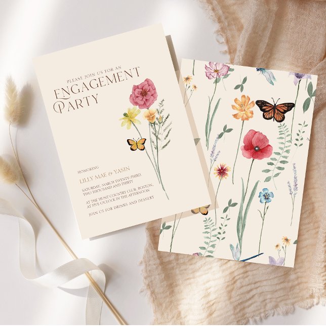 Enkel Rosa Gul Vildblomma Förlovningsfest Inbjudningar (Simple Pink Yellow Wildflower Engagement Party Invitation)