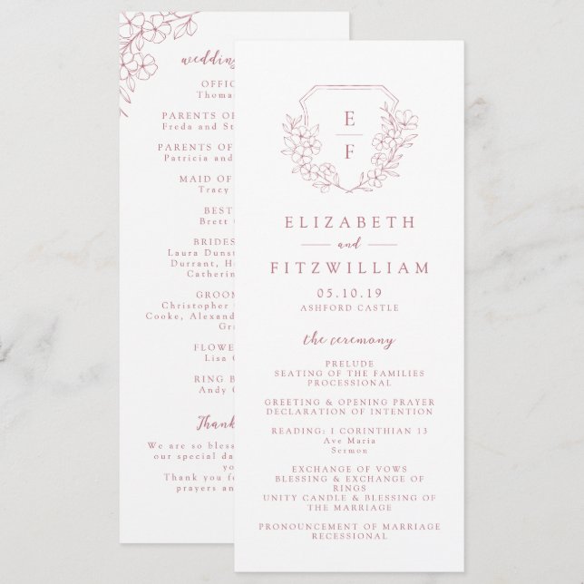 Enkel rosa körsbärsblommonogram bryllop program (Fram/baksida)