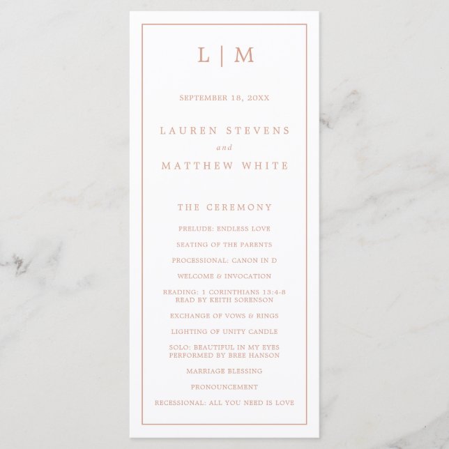 Enkel Rosa Monogram Elegant Bröllop Program (Framsida)