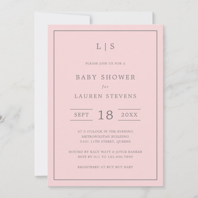 Enkel Rosa och Grått Monogram Baby Shower Inbjudningar (Framsida)