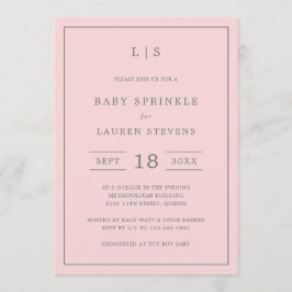Enkel Rosa och Grått Monogram Girl Baby Sprinkle Inbjudningar