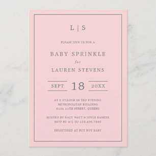 Enkel Rosa och Grått Monogram Girl Baby Sprinkle Inbjudningar