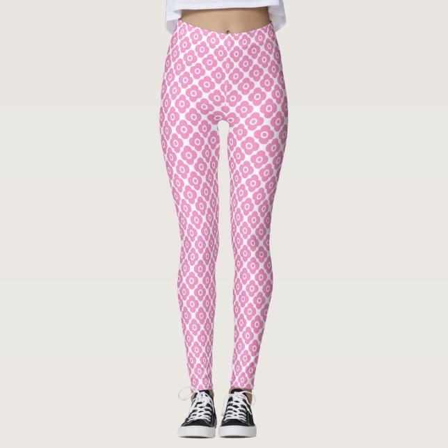 Enkel rosa och vit blommig mönster leggings (Framsida)