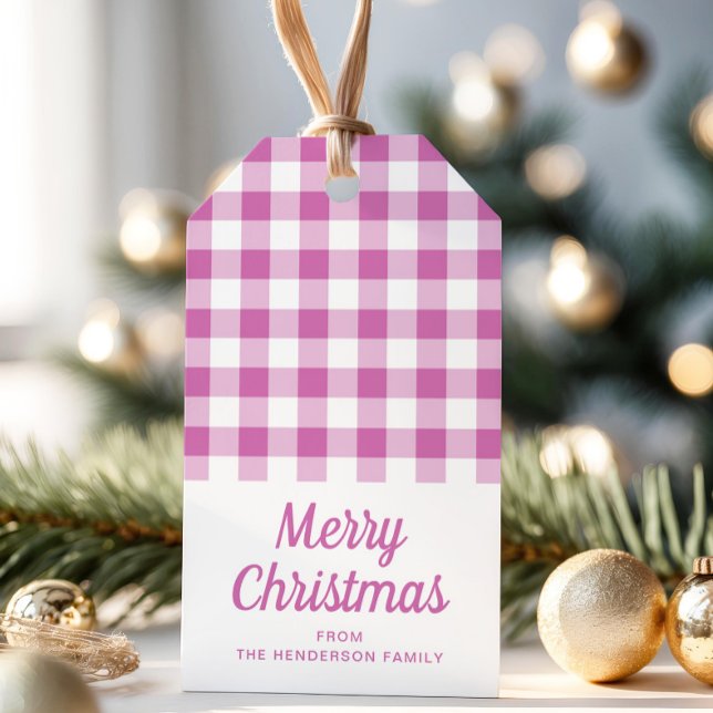 Enkel Rosa Pput Script God jul Presentetikett (Simple Pink Plaid Script Merry Christmas Gift Tags)