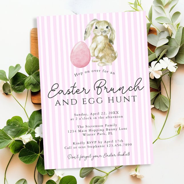 Enkel Rosa Preppy Randig Kanin Ägg Påskbrunch Inbjudningar (Skapare uppladdad)