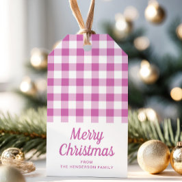 Enkel rosa rutig Merry Christmas på skrift Presentetikett