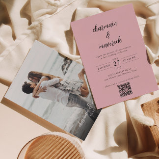 Enkel  Rosa-skript Foto QR-kod Bröllop Inbjudningar