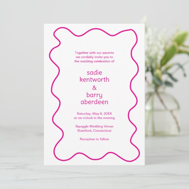Enkel Rosa Squiggle Ram Modern Bröllop Inbjudningar (Stående Fram)