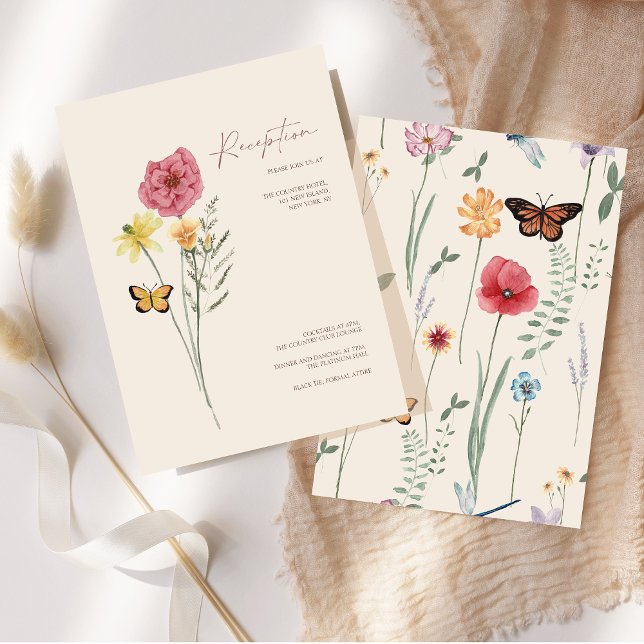Enkel Rosa Vildblomma Whimsisk Bröllopsmottagning Tilläggskort (Simple Pink Yellow Wildflower Whimsical Reception Enclosure Card)