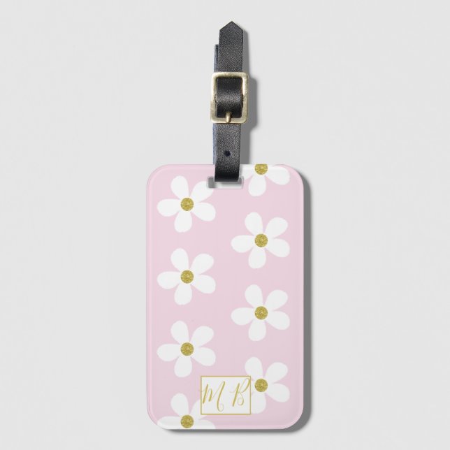 Enkel Rosa Vit Daisy Guld Monogram Travel Bagagebricka (Framsida vertikal)
