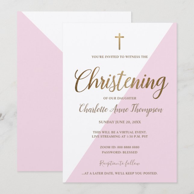 Enkel Rosa Vita Guld Kor Virtuell Christening Inbjudningar (Fram/baksida)