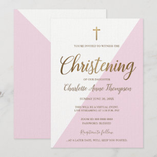 Enkel Rosa Vita Guld Kor Virtuell Christening Inbjudningar