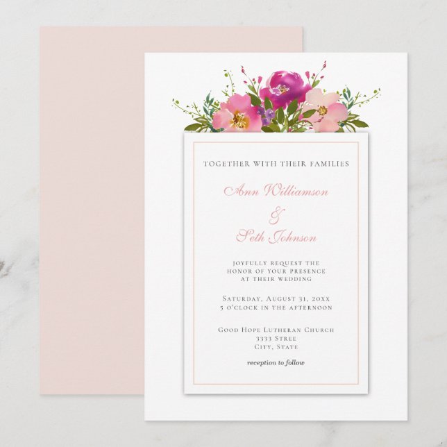 Enkel  Rosa Watercolor Bouquet Bröllop Inbjudningar (Fram/baksida)