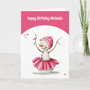 Enkel Rosa Winter Ballerina Snögubbe Girl Birthday Kort