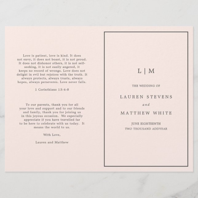 Enkel rosablommig monogram elegant bröllopsprogram (Framsida)