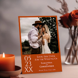 Enkel rost Orange Modern Minimal Photo Bröllop Spara Datumet