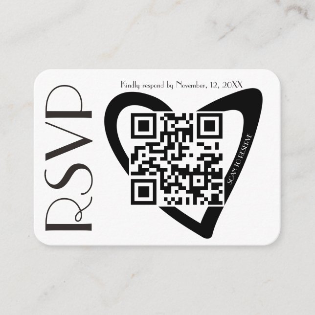 Enkel RSVP Svart Vitt Hjärta QR-kod Bröllop Tilläggskort (Framsida)