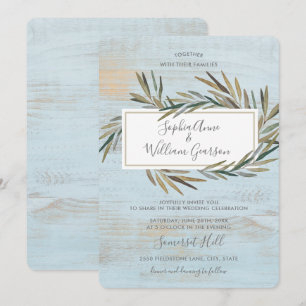 Enkel Rustic Bröllop Blue Wood & Watercolor Herb Inbjudningar