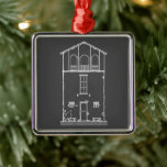 Enkel Rustic House Modern Chalkboard Teckning Julgransprydnad Metall<br><div class="desc">Teckning-torget vid Tiny House Grått och White Chalkboard Metall-julprydnaden. Den här bilden kommer från min ursprungliga bläck på mylar hand teckning av en liten rustik stuga med charmerande arkitektoniska detaljer och små stenbänkar på varje sida av dörren. Jag ändrade bilden digitalt för att se ut som ett vitt krita teckning...</div>