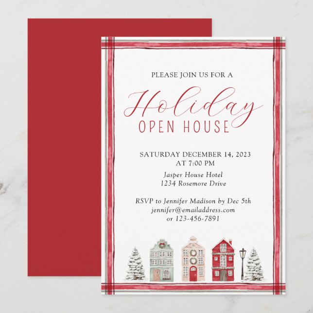 Enkel Rustic Watercolor Helgdag Open House Red Inbjudningar (Fram/baksida)