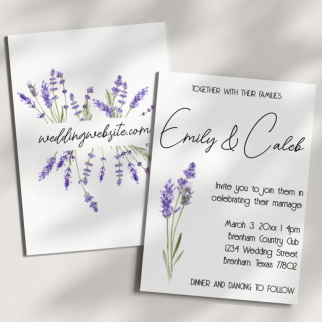 Enkel Rustic Watercolor Lavender Bröllop Inbjudningar (rustic country wedding invitation with watercolor lavender graphic and script writing. )