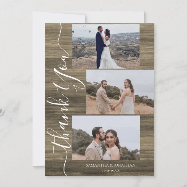 Enkel Rustic Wood Elegant Script 6 foton bröllop Tack Kort (Framsida)