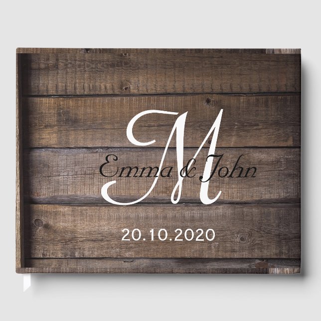 Enkel Rustic Wood Monogram Bröllop Guest Bok (Framsida)