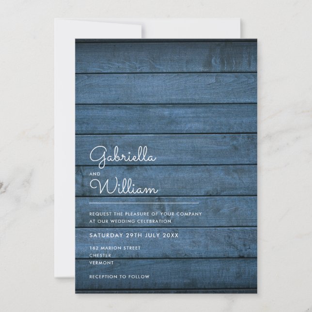 Enkel Rustic Wood Navy Blue Bröllop Inbjudningar (Framsida)