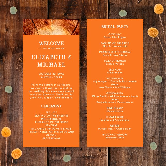 Enkel Rustik Träskiva Bröllops Brudfest Program (Front/Back)