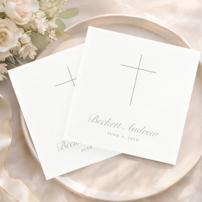 Enkel Sagegrön Kors Script Dop Pappersservett (Simple Sage Green Cross Script Baptism, Christening or First Holy Communion Napkins.)