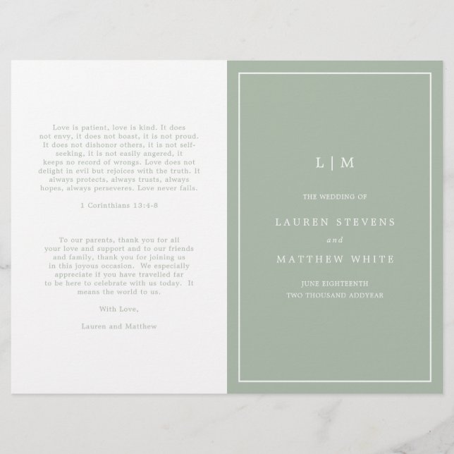Enkel Saggrön Monogram Elegant Bröllopsprogram (Framsida)